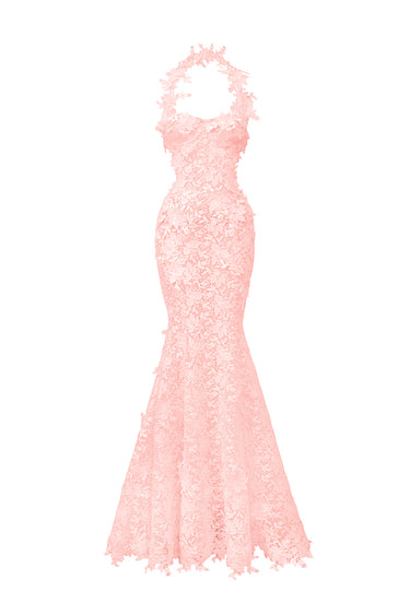 Light Pink Floral Vine Lace Mermaid Dress with Cupped and Cut-Out Waist - IHF STUDIO