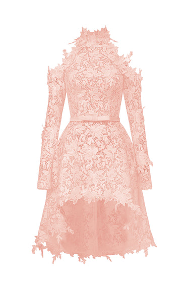 Light Pink Floral Vine Lace Mini Mullet Dress With Halter Neck And Long Sleeves - IHF STUDIO