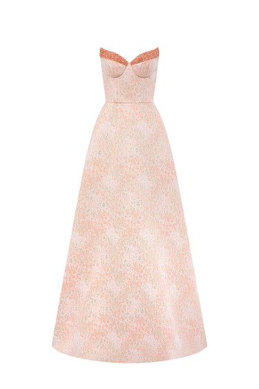 Light Pink Lacquered Brocade Bustier A-line Dress with Lotus-Petal Shaped Detailing - IHF STUDIO