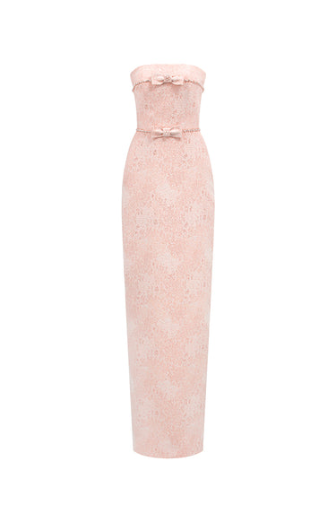 Light Pink Lacquered Brocade Column Dress with Pearl and Crystal Chain Embellishment - IHF STUDIO
