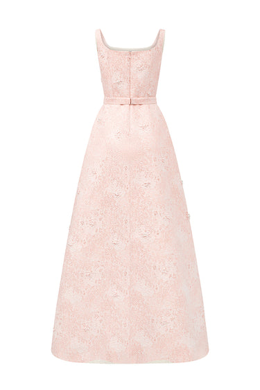 Light Pink Lacquered Brocade Strapless A-line Maxi Dress with Pearl Cluster Embellishment - IHF STUDIO
