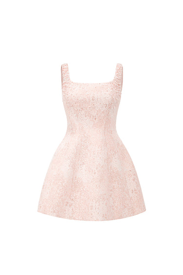 Light Pink Lacquered Brocade Strapless A-line Mini Dress with Pearl-Embellished Shoulder - IHF STUDIO
