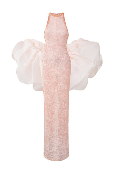 Light Pink Mesh Lace Halter-Tie Maxi Dress with Petite Sequin & Crystal Details - IHF STUDIO