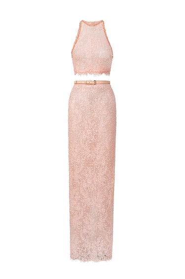 Light-Pink Mesh Lace Halter Top & Light Pink Mesh Lace Column Skirt Set - IHF STUDIO