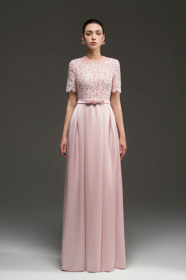 Light Pink Sequin Floral Lace Short-Sleeve A-Line Dress With Silk Taffeta - IHF STUDIO