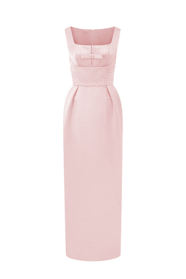 Light Pink Silk Taffeta Midi Column Dress With Square Neck And Mini Bow Detail - IHF STUDIO