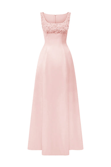 Light pink silk taffeta trapeze maxi A-line dress with crystal embellishment - IHF STUDIO