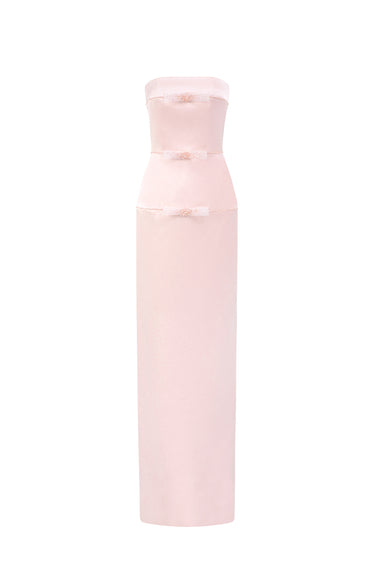 Light Pink Taffeta Column Maxi Dress with Crystal Embellishments - IHF STUDIO
