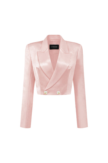 Light pink silk taffeta crop blazer with structured shoulders from the crystal-embellished corset and low-waist skirt set - IHF STUDIO
