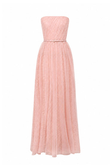 Light Pink Tiny Floral Mesh Lace Bustier Maxi A-Line Dress With Draped Tulle Details - IHF STUDIO