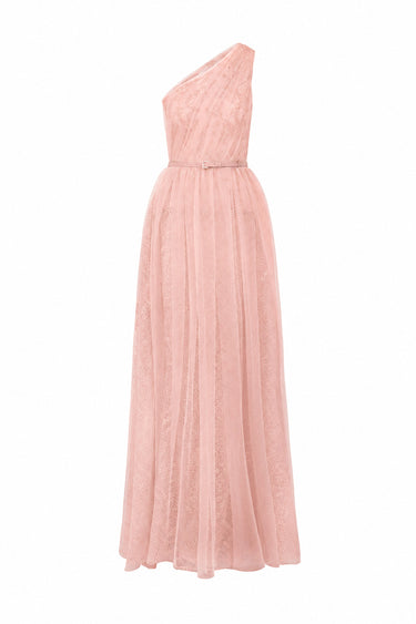 Light Pink Tiny Floral Mesh Lace One-Shoulder A-Line Dress With Draped Tulle Details - IHF STUDIO