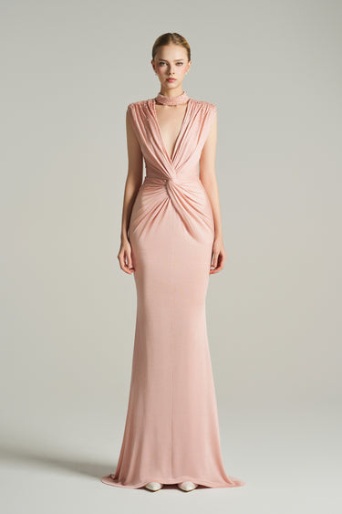 Light pink shimmer jersey maxi dress with twisted waist drape and crystal-embellished neckline - IHF STUDIO