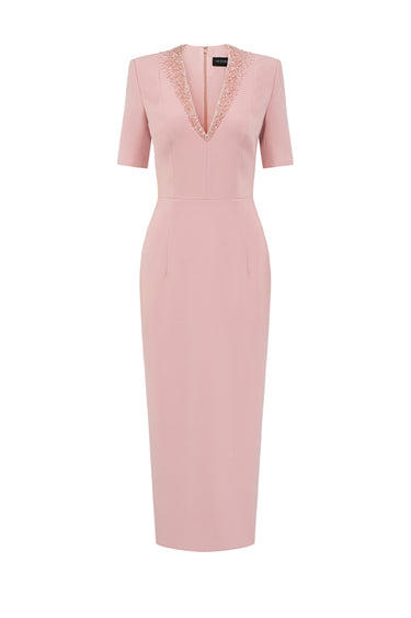 Light pink crepe bodycon midi dress with deep V-neckline and crystal embellishment - IHF STUDIO