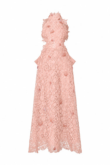 Light pink Vine Floral Lace halter midi A-line dress with waist cut-out and crystal embellishment - IHF STUDIO