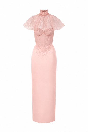 Light Pink Vine Guipure Lace And Silk Taffeta Bustier Midi Column Dress With Mini Cape - IHF STUDIO