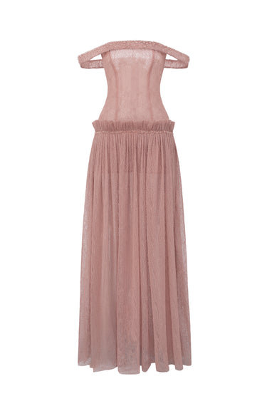 Light Pink Vine Guipure Lace Off-Shoulder A-Line Dress With Horizontal Train - IHF STUDIO