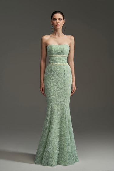 Mint Floral Mesh Lace Strapless Mermaid Dress - IHF STUDIO