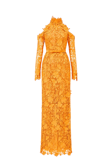 Orange Floral Garden Lace Dress With Halter Neck And Long Sleeves - IHF STUDIO