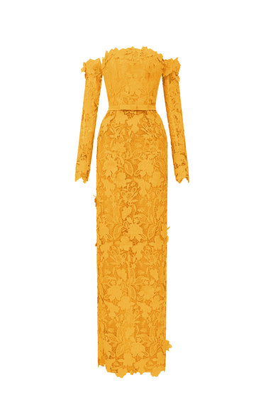 Orange Floral Garden Lace Off-Shoulder Dress with Long Sleeves - IHF STUDIO