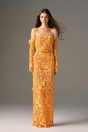 Orange Floral Garden Lace Off-Shoulder Dress with Long Sleeves - IHF STUDIO