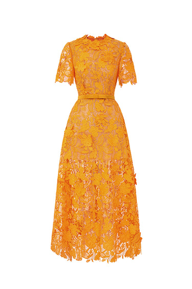 Orange Floral Garden Short Sleeves A-line Midi Dress - IHF STUDIO