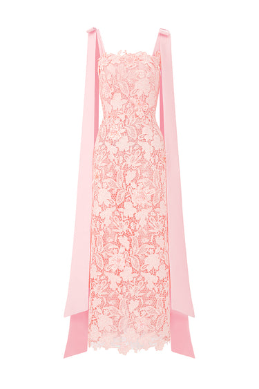 Pink Floral Garden Lace Column Dress with Bow Straps - IHF STUDIO