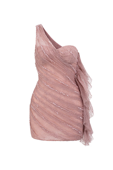 Pink Vine Guipre Lace Draping Mini Dress With Pink Crystals - IHF STUDIO