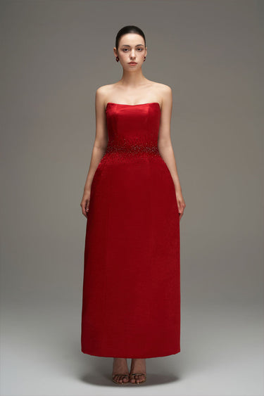 Red silk taffeta bell-silhouette maxi dress with tonal crystals radiating from the waist - IHF STUDIO