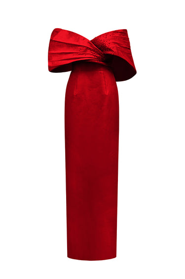 Red Draping Shoulder Column Taffeta Gown - IHF STUDIO