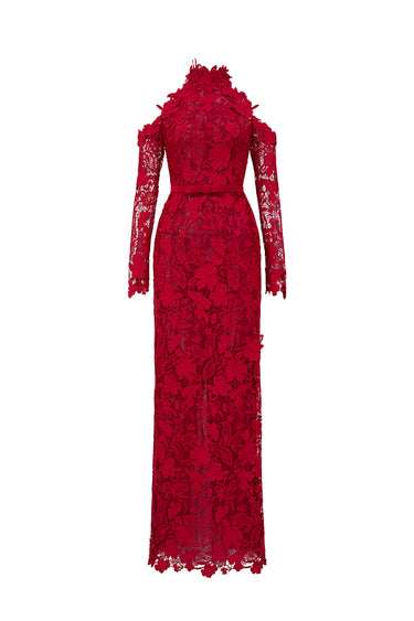 Red Floral Garden Lace Dress With Halter Neck And Long Sleeves - IHF STUDIO