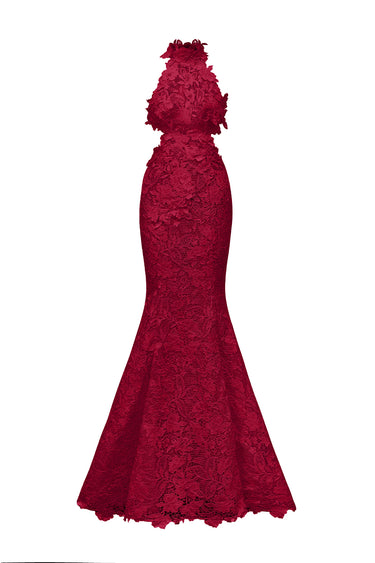 Red Floral Garden Lace Halter Mermaid Maxi Dress with Waist Cut-Out - IHF STUDIO