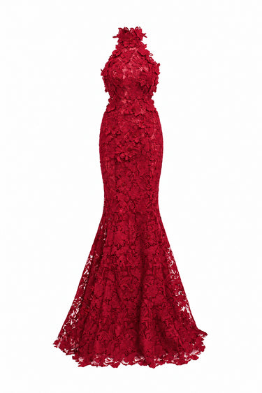 Red Floral Garden Lace halter mermaid pear-silhouette maxi dress - IHF STUDIO