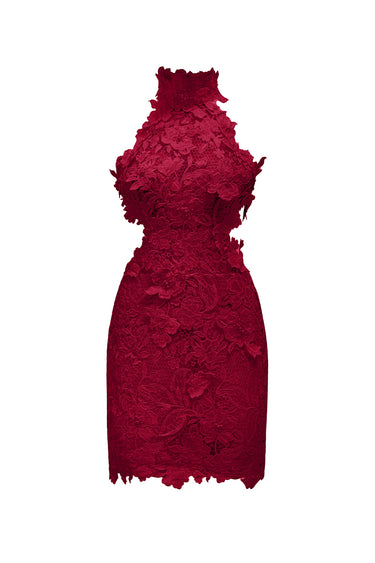 Red Floral Garden Lace Halter Mini Dress with Waist Cut-Out - IHF STUDIO