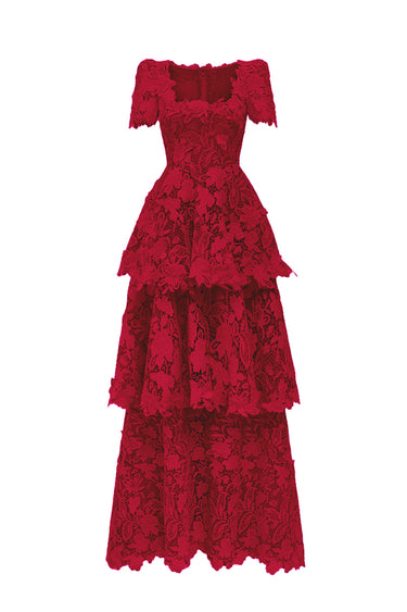 Red Floral Garden Lace Maxi A-line Dress With 3-tiered U-Neck - IHF STUDIO