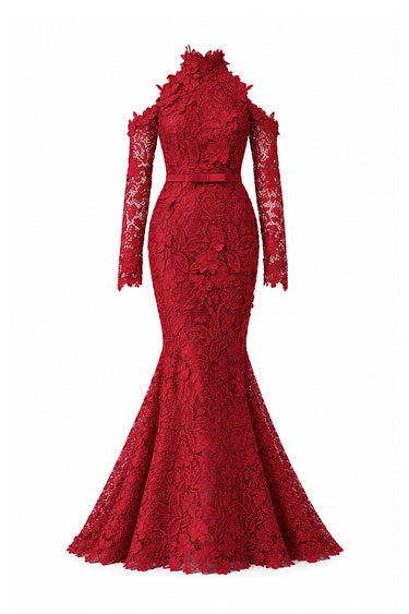 Red Floral Garden Lace mermaid dress with halter neck and long sleeves - IHF STUDIO