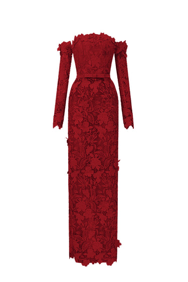 Red Floral Garden Lace Off-Shoulder Dress with Long Sleeves - IHF STUDIO