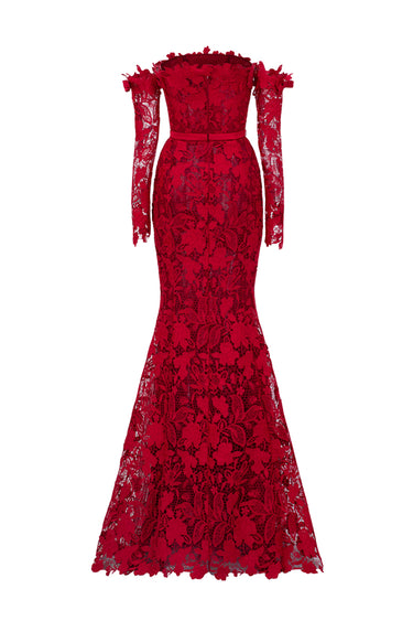 Red Floral Garden Lace Off-Shoulder Mermaid Dress With Silk Waist Belt - IHF STUDIO