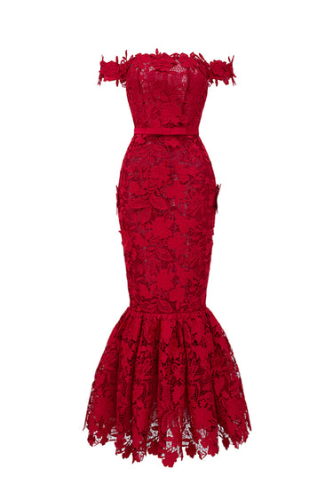 Red Floral Garden Lace Off-Shoulder Midi-Mermaid Dress - IHF STUDIO
