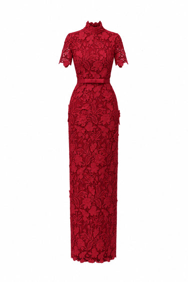 Red Floral Garden Lace column dress - IHF STUDIO
