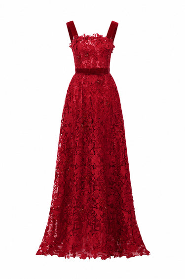 Red Floral Garden Lace Square-Neck A-Line Dress With Velvet Waist Belt - IHF STUDIO