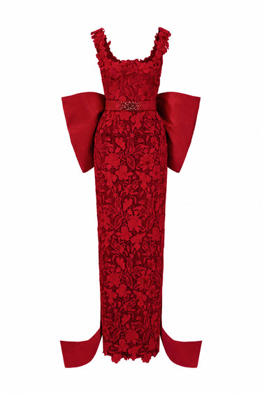 Red Floral Garden Lace Square-Neck Column Dress With Large Back Bow - IHF STUDIO