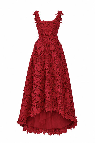 Red Floral Garden Lace trapeze midi mullet A-line dress with pearl cluster embellishment - IHF STUDIO
