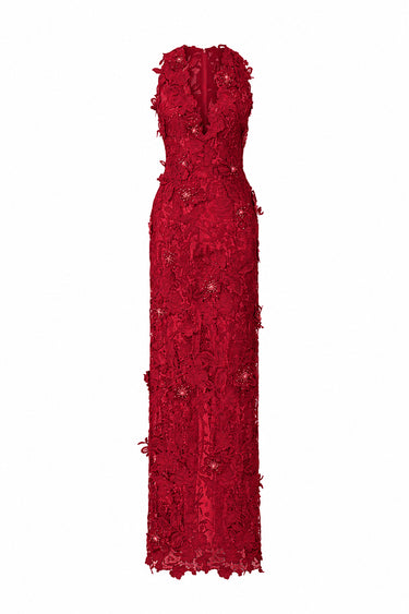 Red Floral Garden Lace V-neck maxi-column dress with crystal cluster embellishment - IHF STUDIO