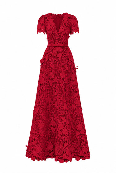 Red Floral Garden Short Sleeves A-Line Maxi Dress - IHF STUDIO