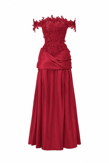 Red Floral Vine Lace Off-Shoulder A-line Dress With Draped Details Taffeta - IHF STUDIO