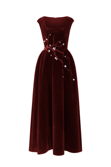 Red Lyon Velvet A-Line Midi Dress With Branch & Flower Embellishments - IHF STUDIO