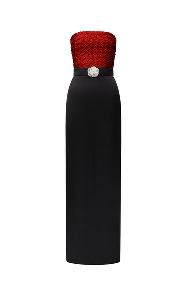 Red Silk Square Crisscross Strapless Column Dress with Black Silk Taffeta - IHF STUDIO