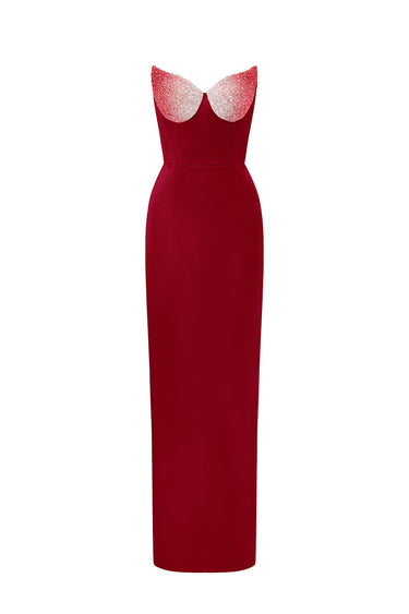 Red Silk Taffeta Bustier Column Dress With Lotus Pental-Shaped - IHF STUDIO