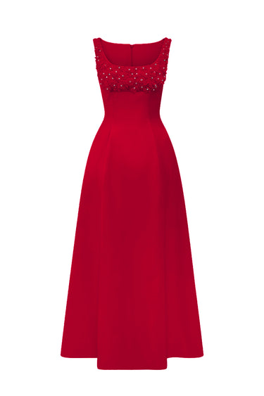 Red Silk Taffeta Trapeze Midi Mullet A-line Dress With Crystals Embellishment - IHF STUDIO