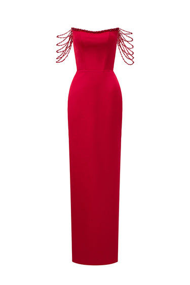 Red Taffeta Maxi Corset Dress with Off-Shoulder Sequin Embellishment - IHF STUDIO